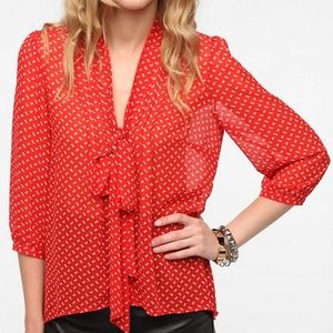 Red & White bow Chiffon Tie-Neck Secretary Blouse